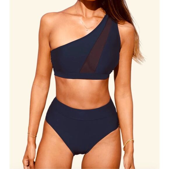 Cupshe Black One Shoulder Sheer Stripe Bikini Size Medium New - Picture 1 of 5